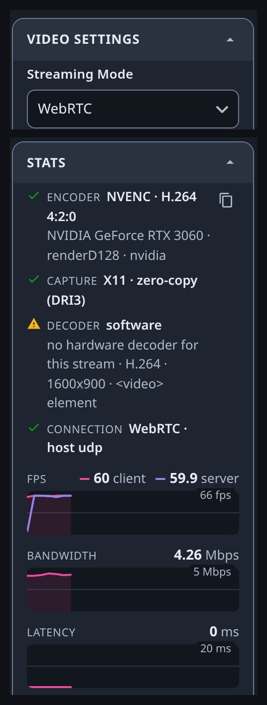 Streaming mode set to WebRTC and the stats panel reporting a host UDP connection