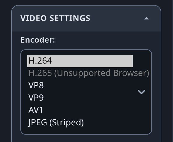Encoder dropdown with H.265 marked unsupported by the browser