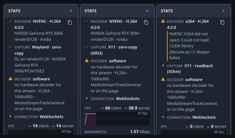 Stats panel on Wayland, on X11 with DRI3, and on a box where NVENC failed to open