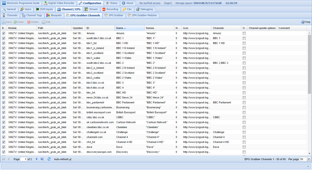 A view of mapped channels with EPG